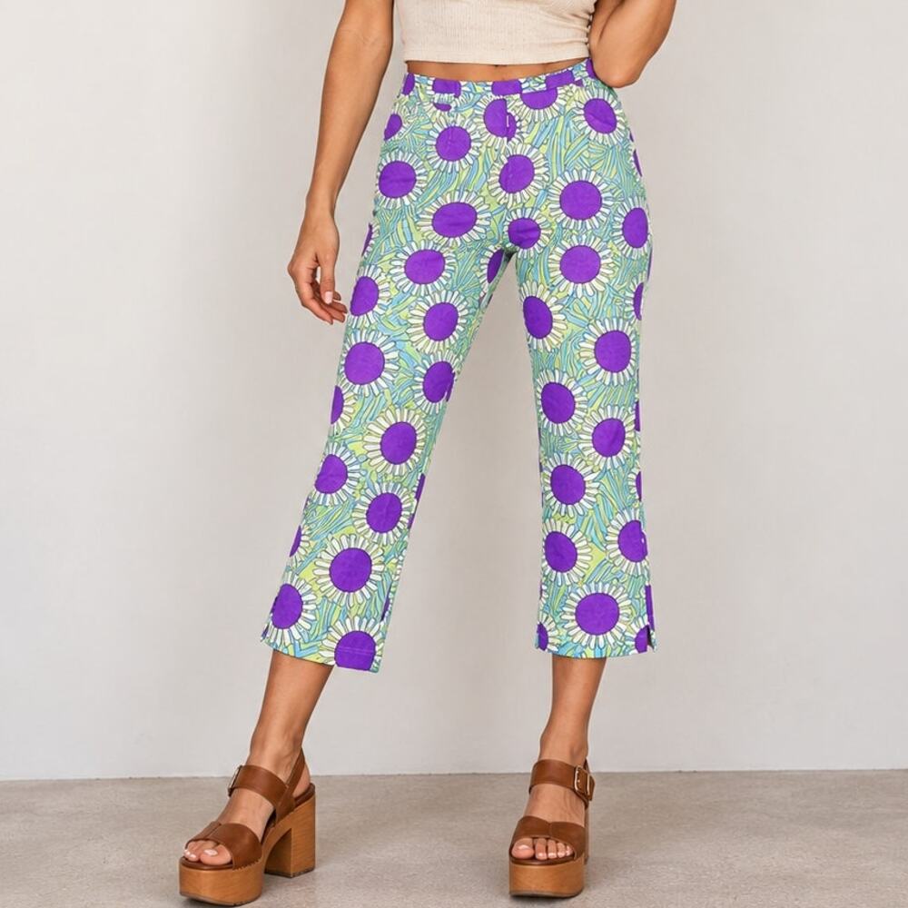 Bamboo Traders Vintage Floral Cropped Pants Size 12 Purple Green Retro 70s 80s